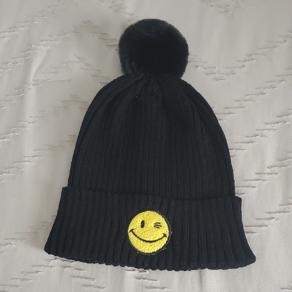 Joe Boxer Black Beanie with Winking Smiley Patch